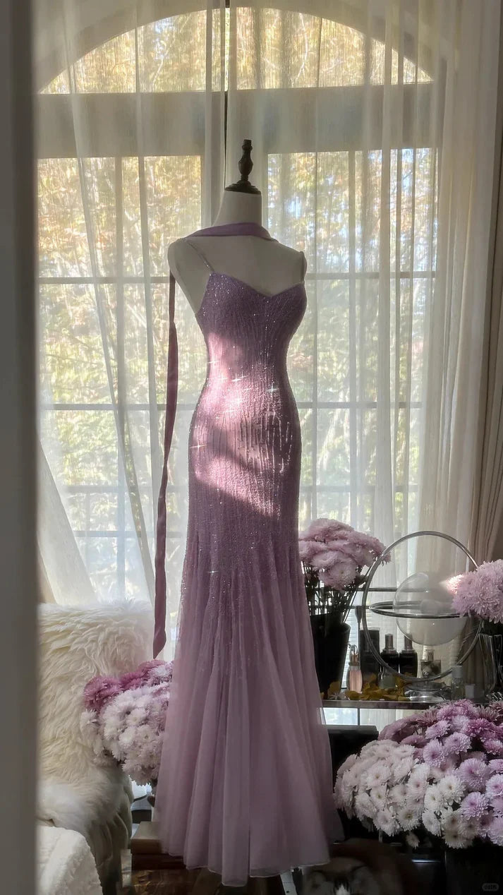 Pink Purple Gorgeous Shiny Elegant Exquisite Beaded Mermaid Slim Fit Long Chiffon Spaghetti Straps Tulle Sequins Formal Prom Dress Evening Dress Party Dress gh3654