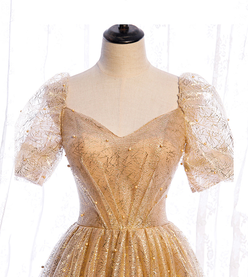 Gold tulle sequins long prom dress evening dress  8428