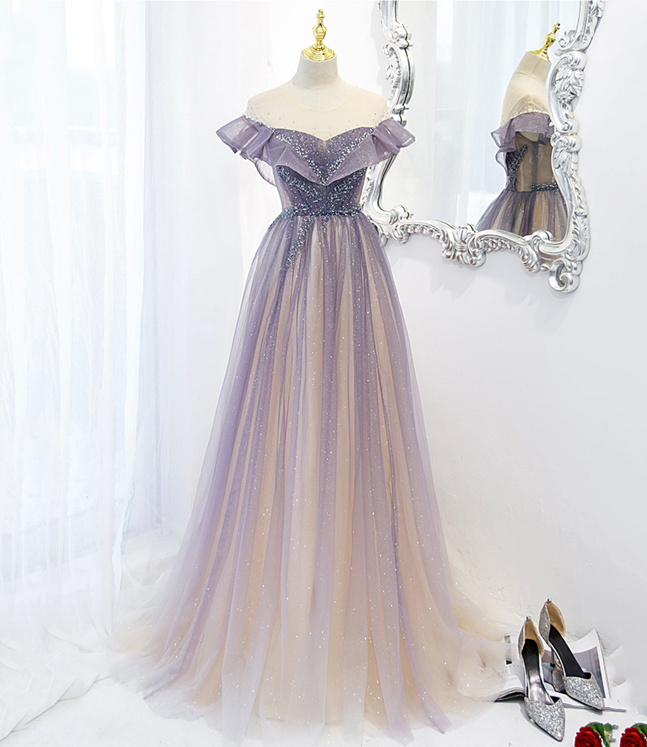 Purple tulle long A line prom dress evening dress 8733