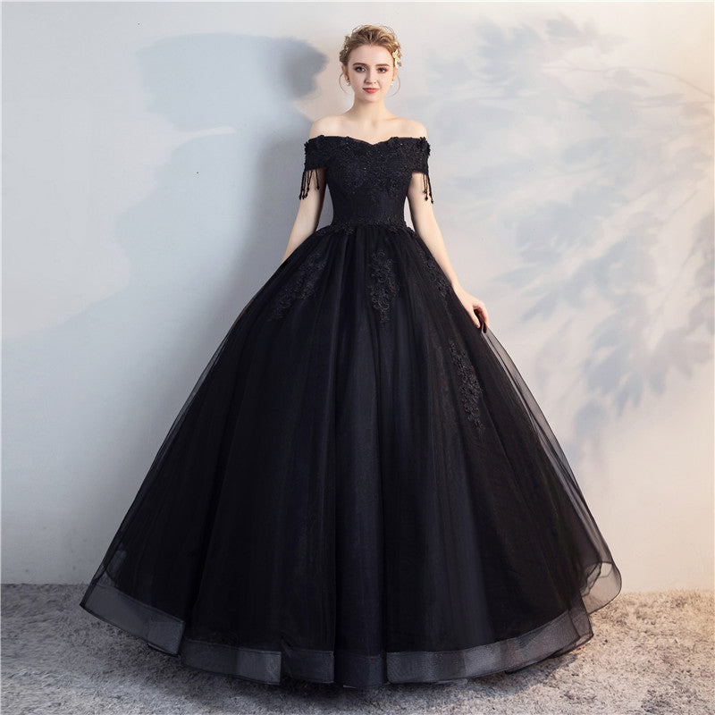 Black tulle lace long prom gown, cheap evening dress 8137