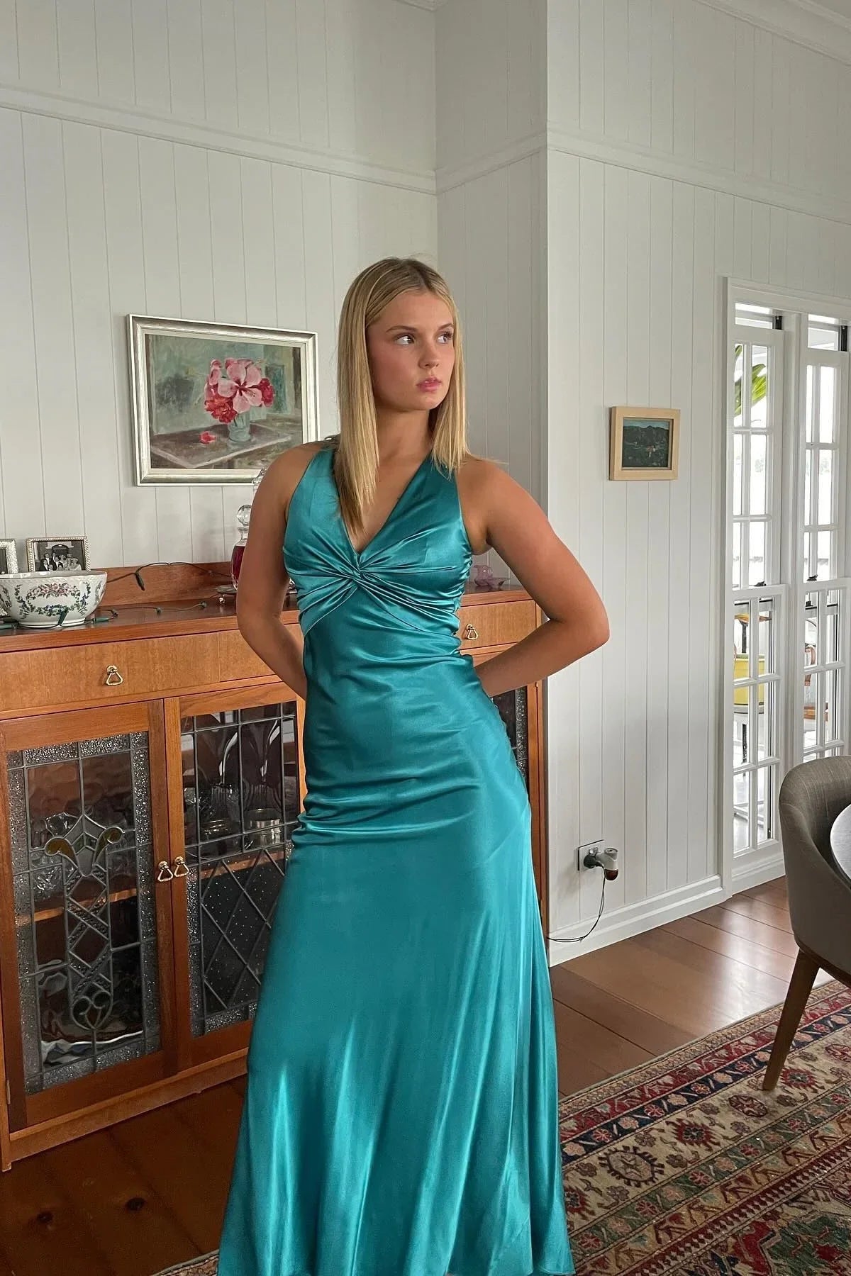 Simple A Line Halter Purple Satin Open Back Prom Dress Evening Dress SH2533