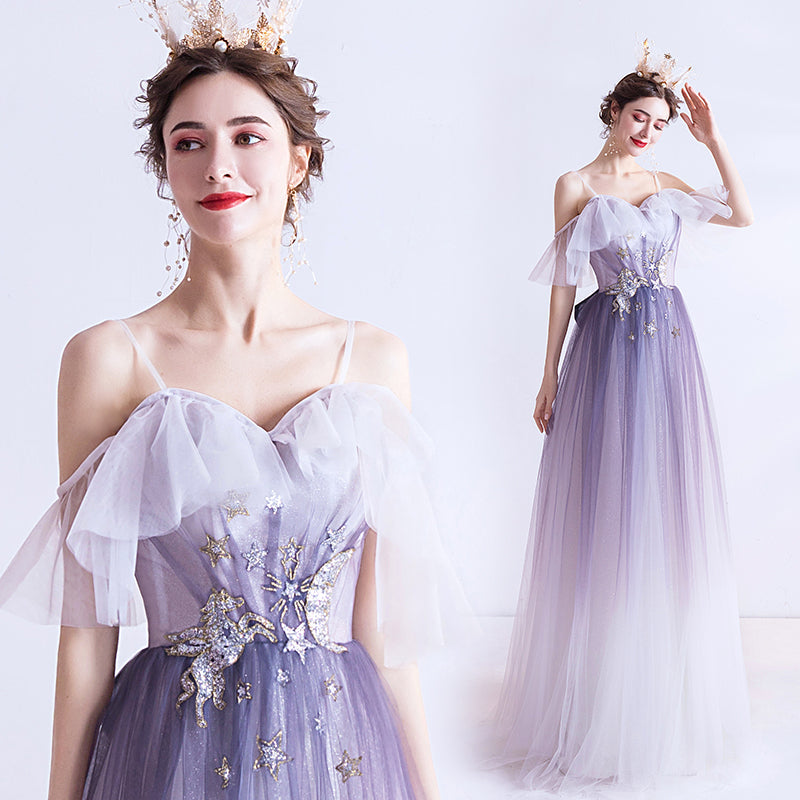 Purple tulle long A line prom dress evening dress 8769