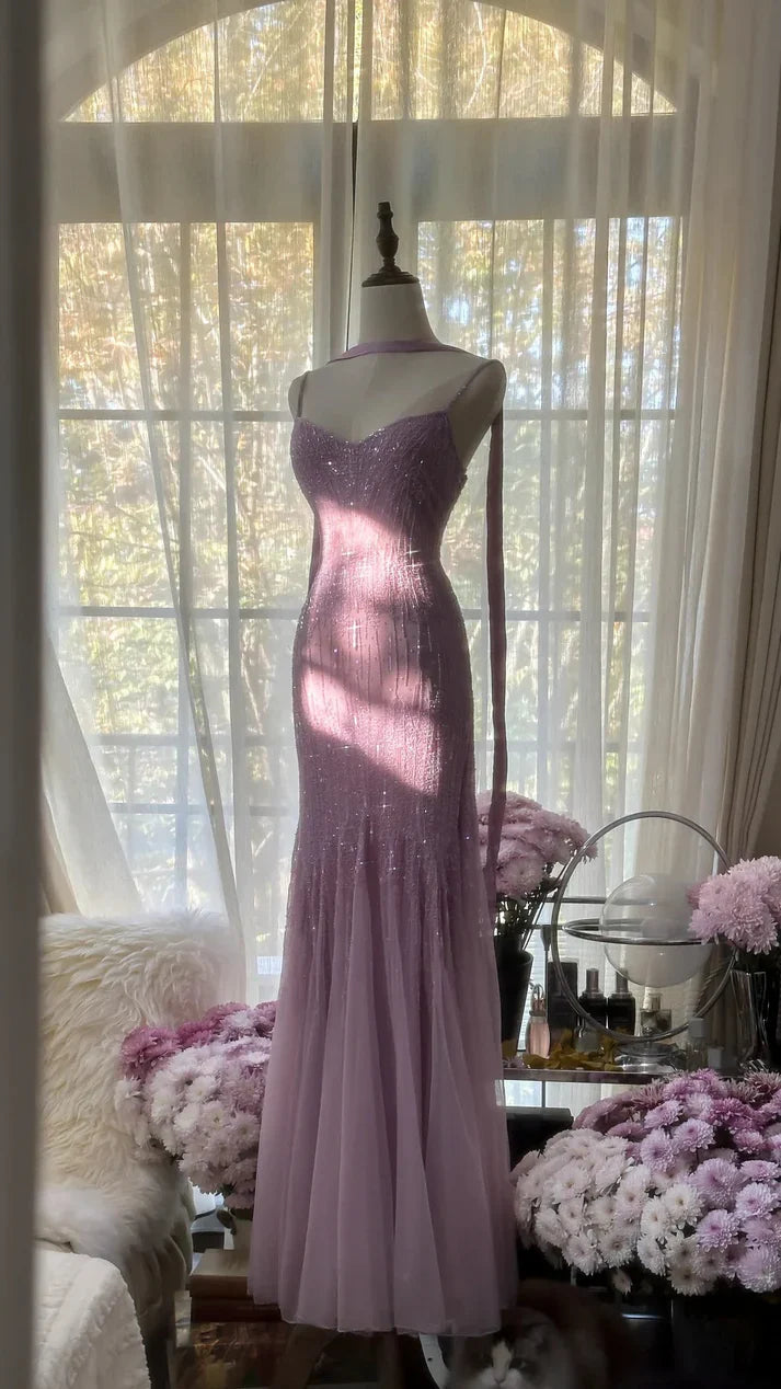 Pink Purple Gorgeous Shiny Elegant Exquisite Beaded Mermaid Slim Fit Long Chiffon Spaghetti Straps Tulle Sequins Formal Prom Dress Evening Dress Party Dress gh3654
