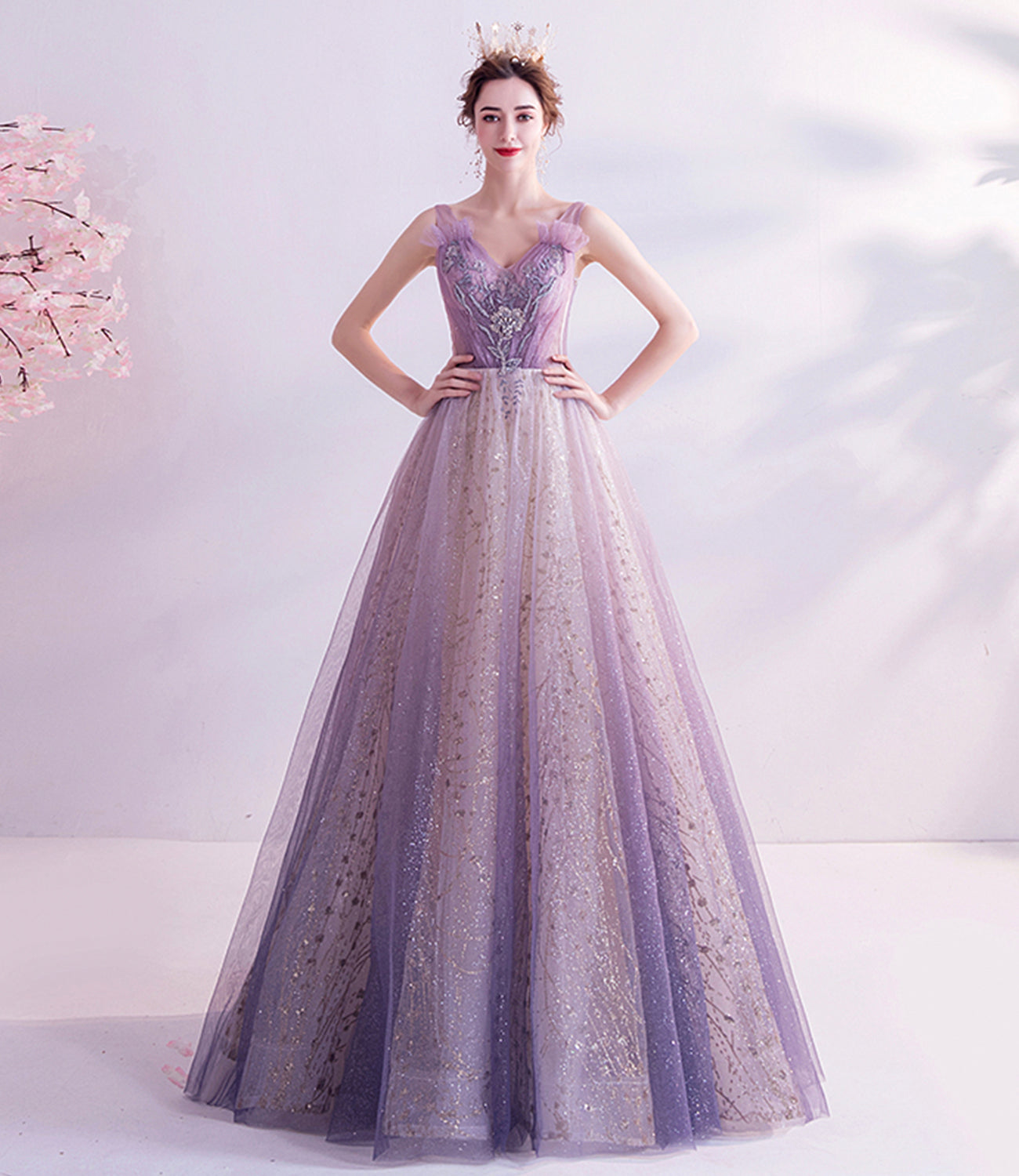 Purple tulle long A line prom dress evening dress 8739