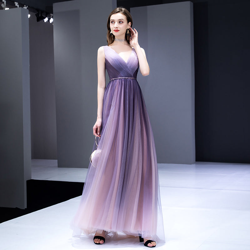 Purple v neck tulle long prom dress 8199