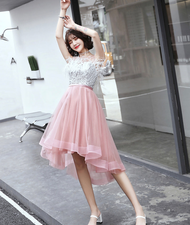 Unique tulle sequins prom dress high low evening dress 8412