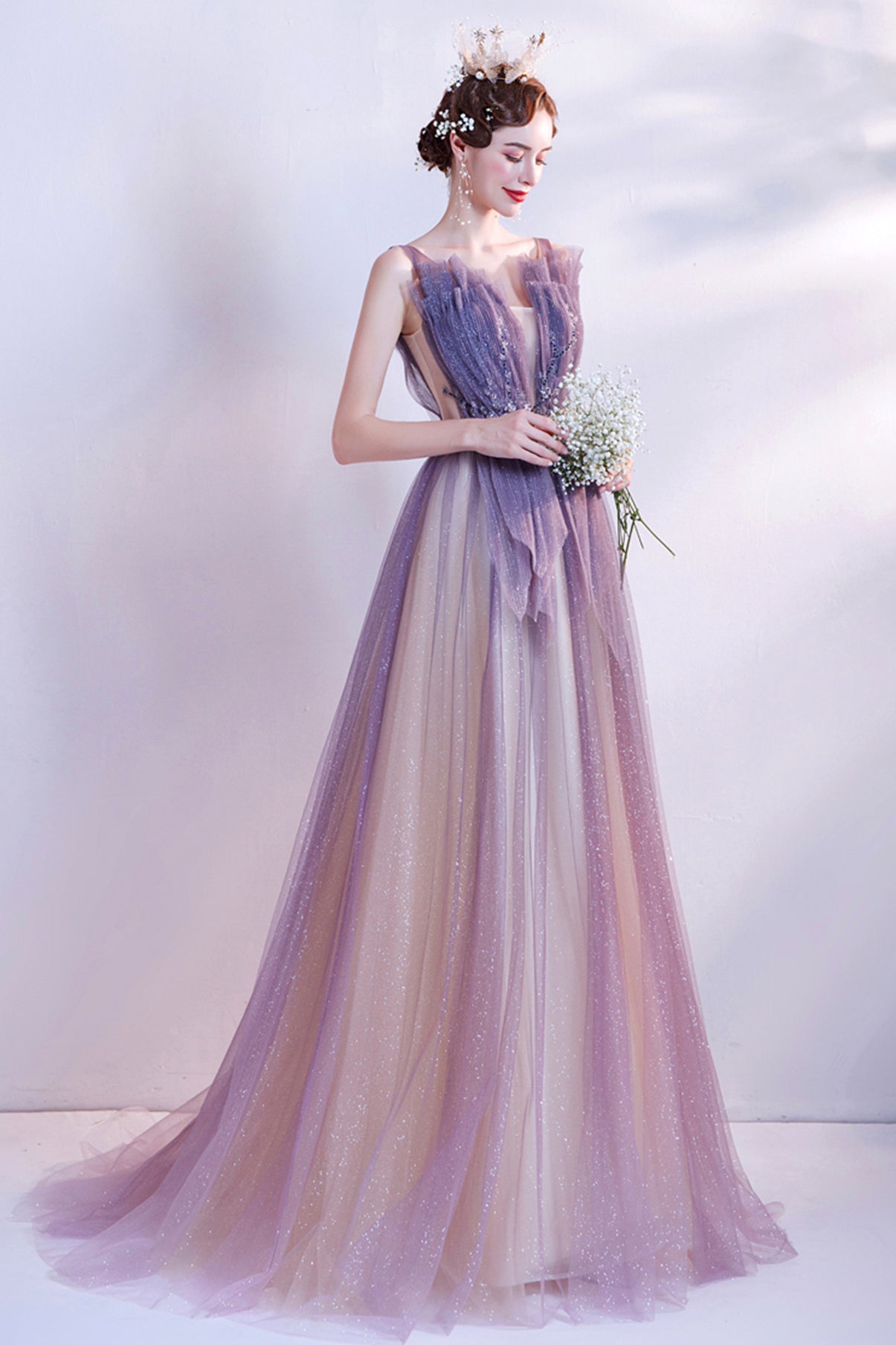 Purple tulle long A line prom dress evening dress 8748