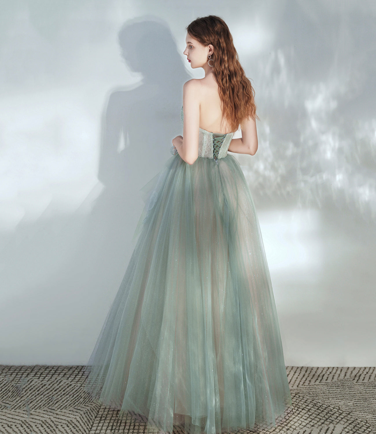 Green tulle lace long prom dress A line evening dress 10379