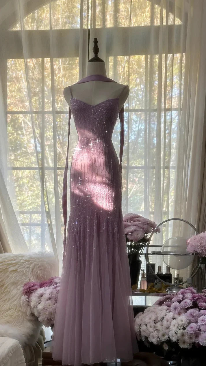 Pink Purple Gorgeous Shiny Elegant Exquisite Beaded Mermaid Slim Fit Long Chiffon Spaghetti Straps Tulle Sequins Formal Prom Dress Evening Dress Party Dress gh3654
