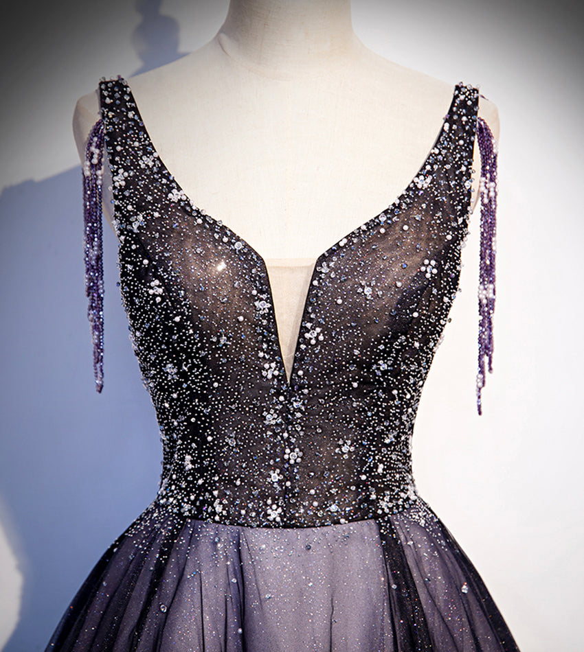 Purple v neck tulle beads long prom dress evening dress 8556