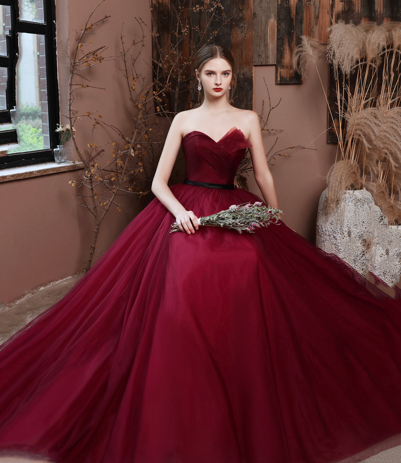 Burgundy off shoulder long A line prom dress evening dress 8797