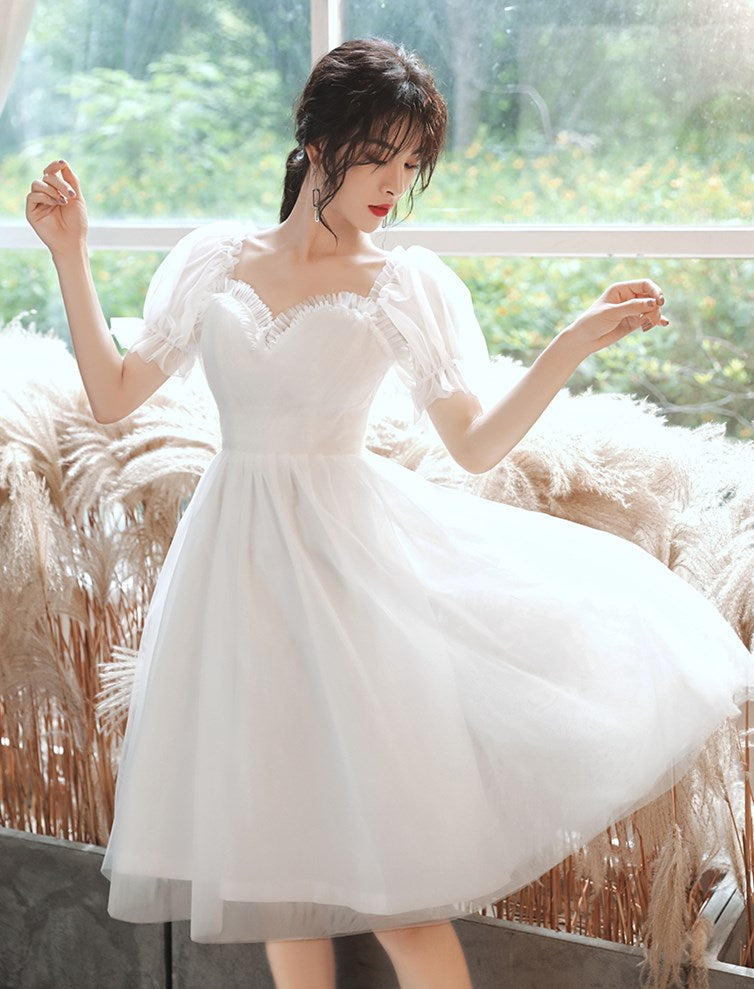 White tulle short prom dress party dress 8302
