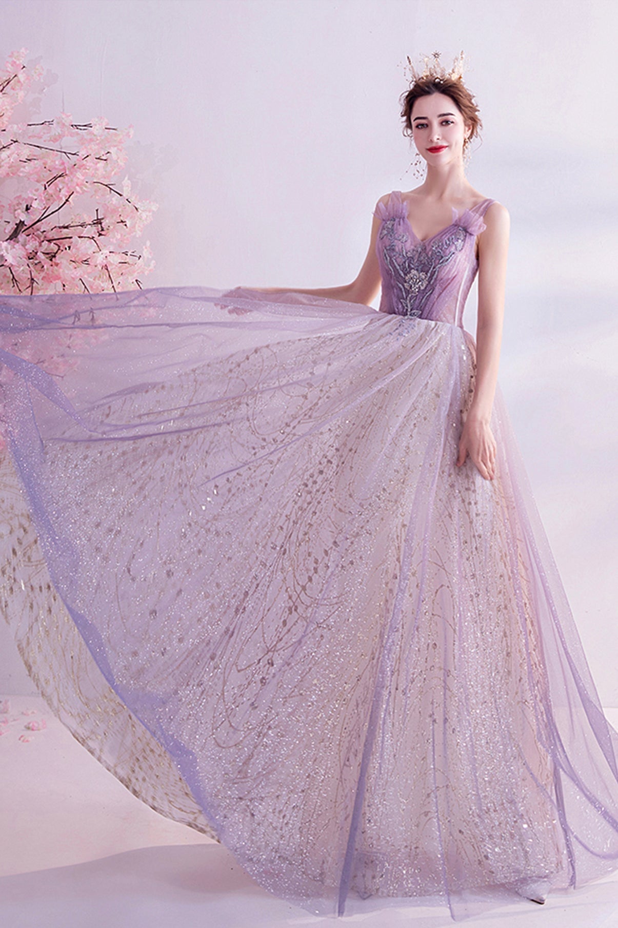 Purple tulle long A line prom dress evening dress 8739