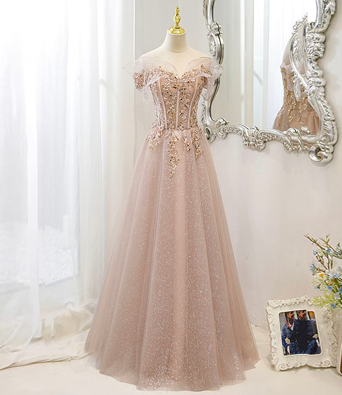 Pink tulle sequins long prom dress pink evening dress  10173