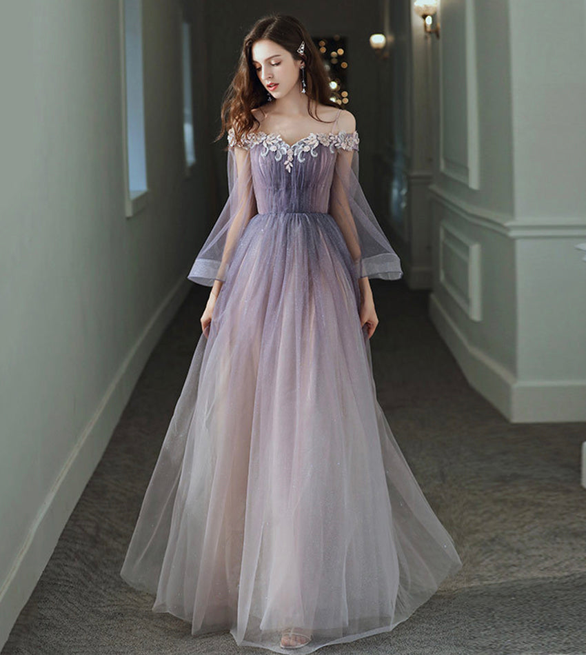 Purple tulle lace long prom dress purple evening dress 8538