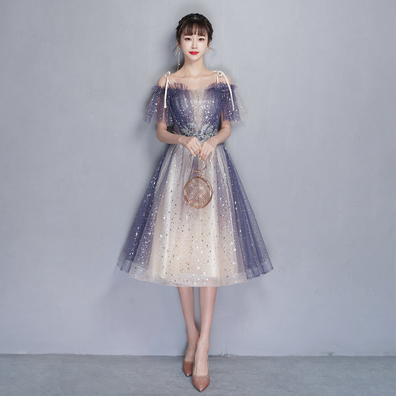 Blue tulle sequins short prom dress party dress 8354