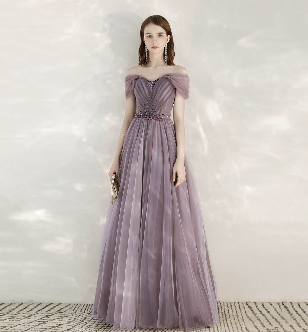 Purple tulle beads long prom dress evening dress 8613