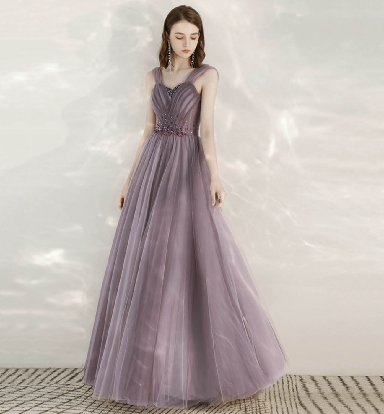 Purple tulle beads long prom dress evening dress 8613