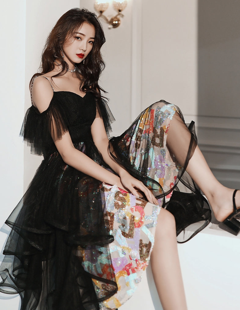 Unique design black tulle short prom dress 8358