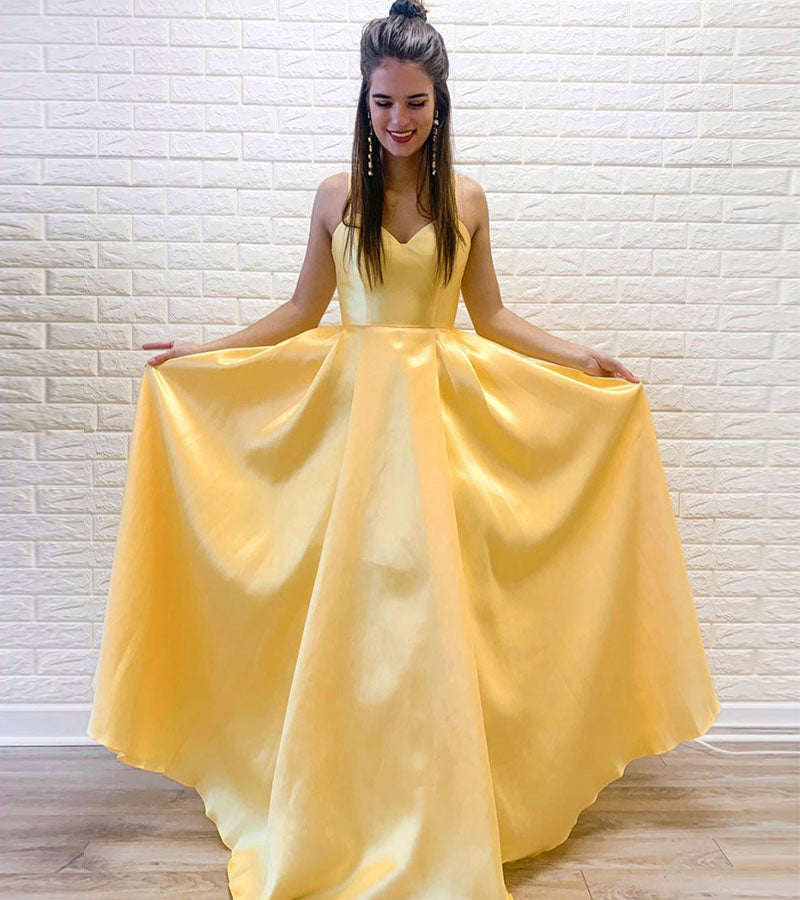 Yellow satin long prom dress evening dress 8187