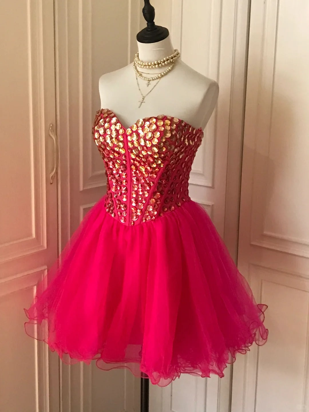 _¤ï_Pink retro noble princess short homecoming dress sequined tulle ball dress evening dress gh4392