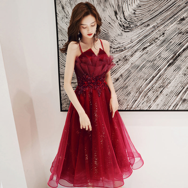 Cute burgundy tulle short prom dress homecoming dress 8252