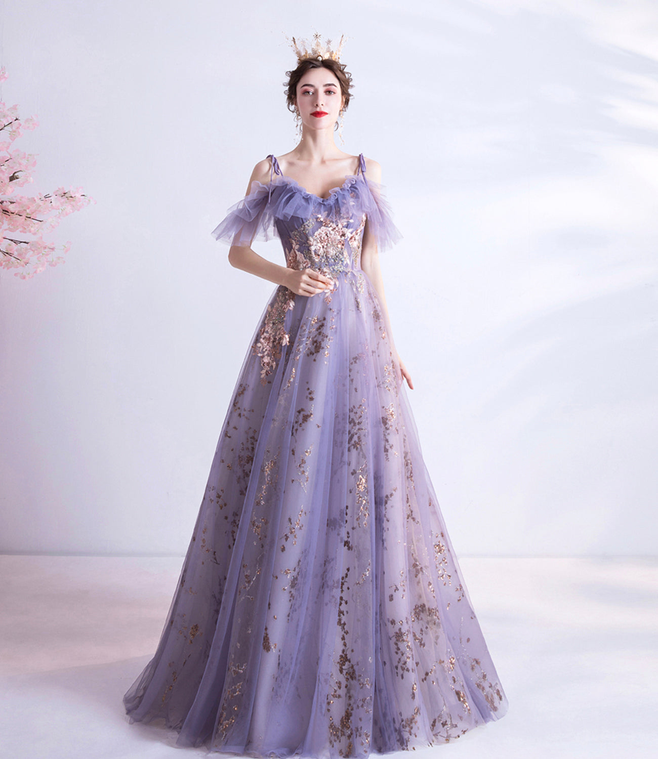 Purple tulle sequins long A line prom dress evening dress 8750