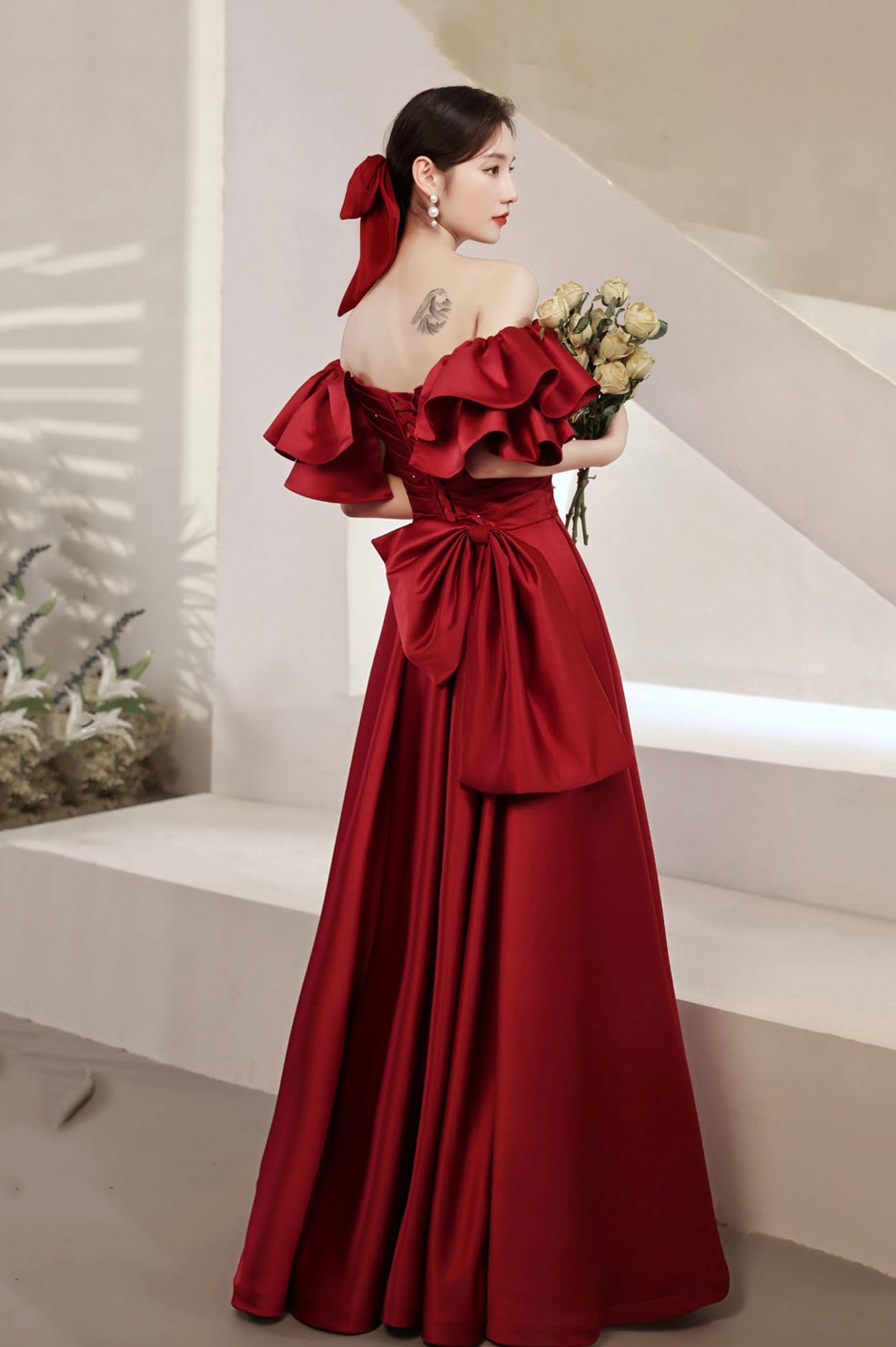 Burgundy satin long prom dress A line evening dress 10601