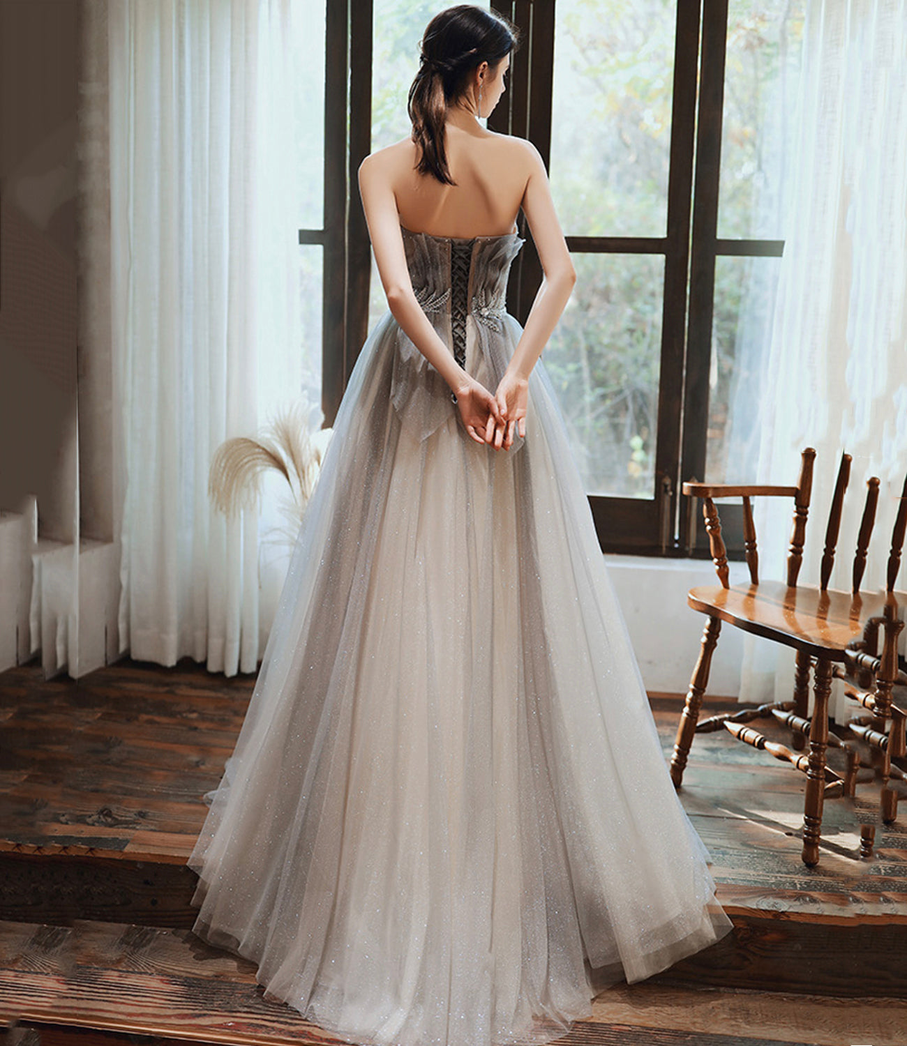 Gray tulle sequins long prom dress A line evening gown  10376