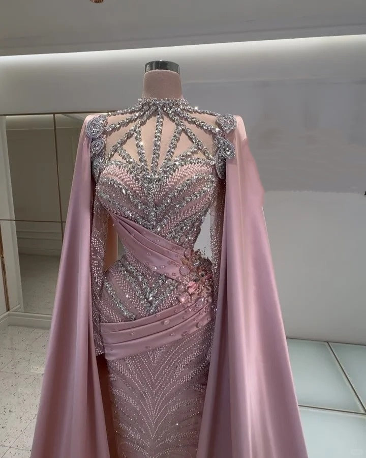 preppydressess-Pink Luxury Gorgeous Beaded Rhinestone Long Satin Prom dress Evening Dress gh5017