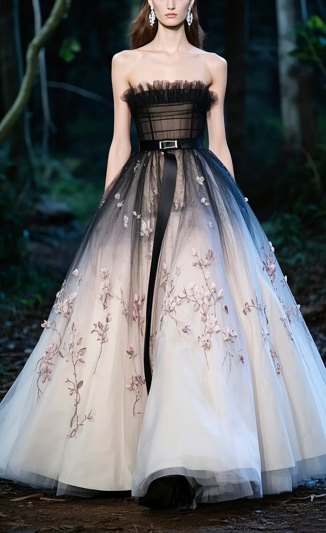 Black pink floral long tulle ball gown evening dress gh4783