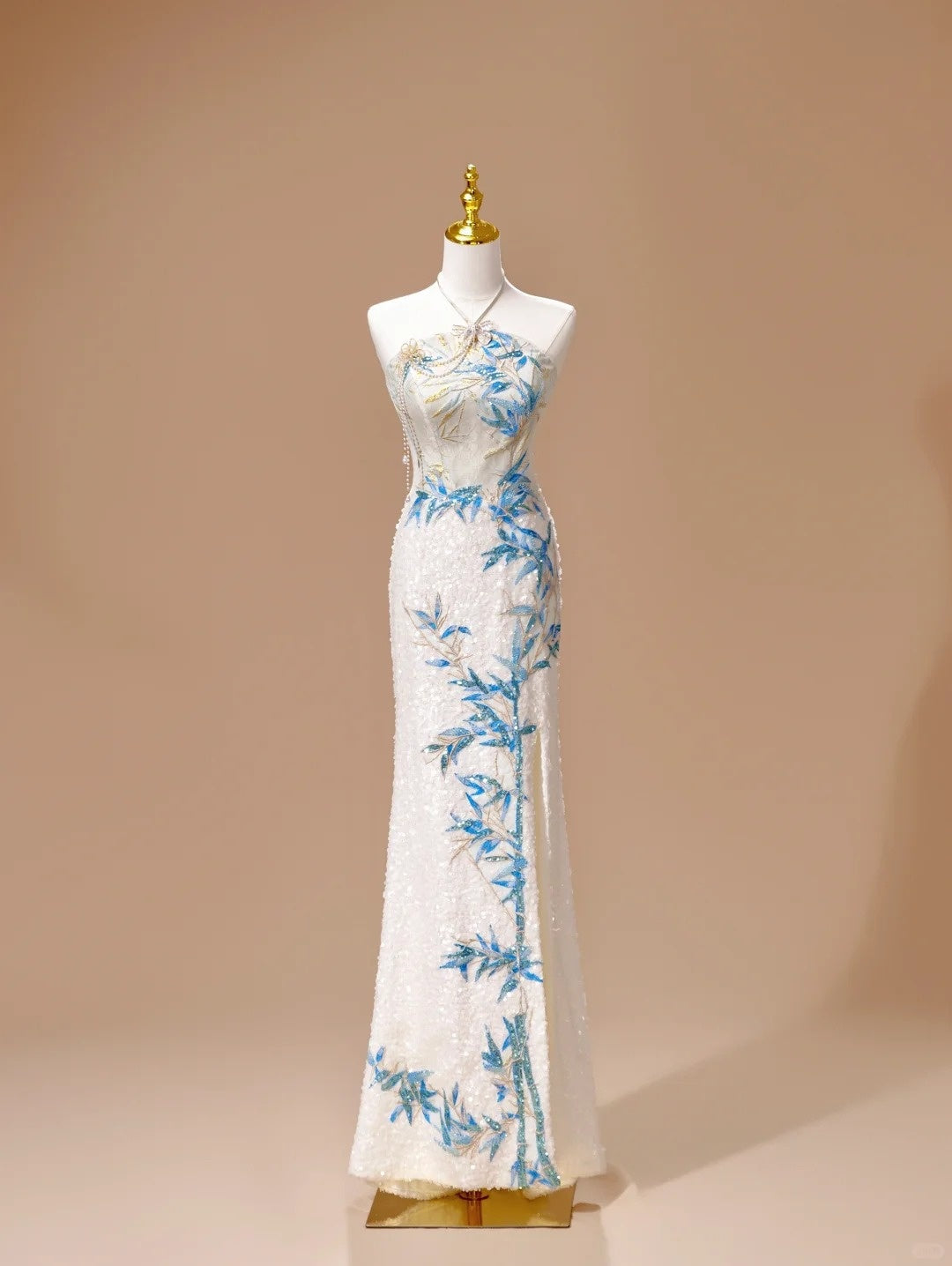 White Luxury Gorgeous Shiny Unique Fashion Elegant Exquisite Floral Bamboo Beads Sequins Suspender Long Ball Dress Evening Dress Bridal Wedding Reception Dress Prom Dress gh4026