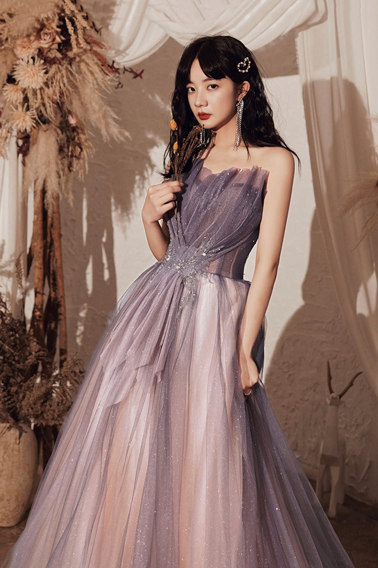 Purple tulle sequins long prom dress evening dress 10648