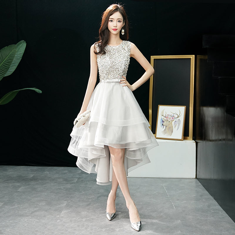 Gray tulle beads high low prom dress 8281