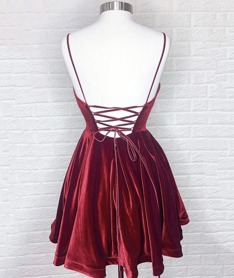 Burgundy velvet short prom dress party dress 8388