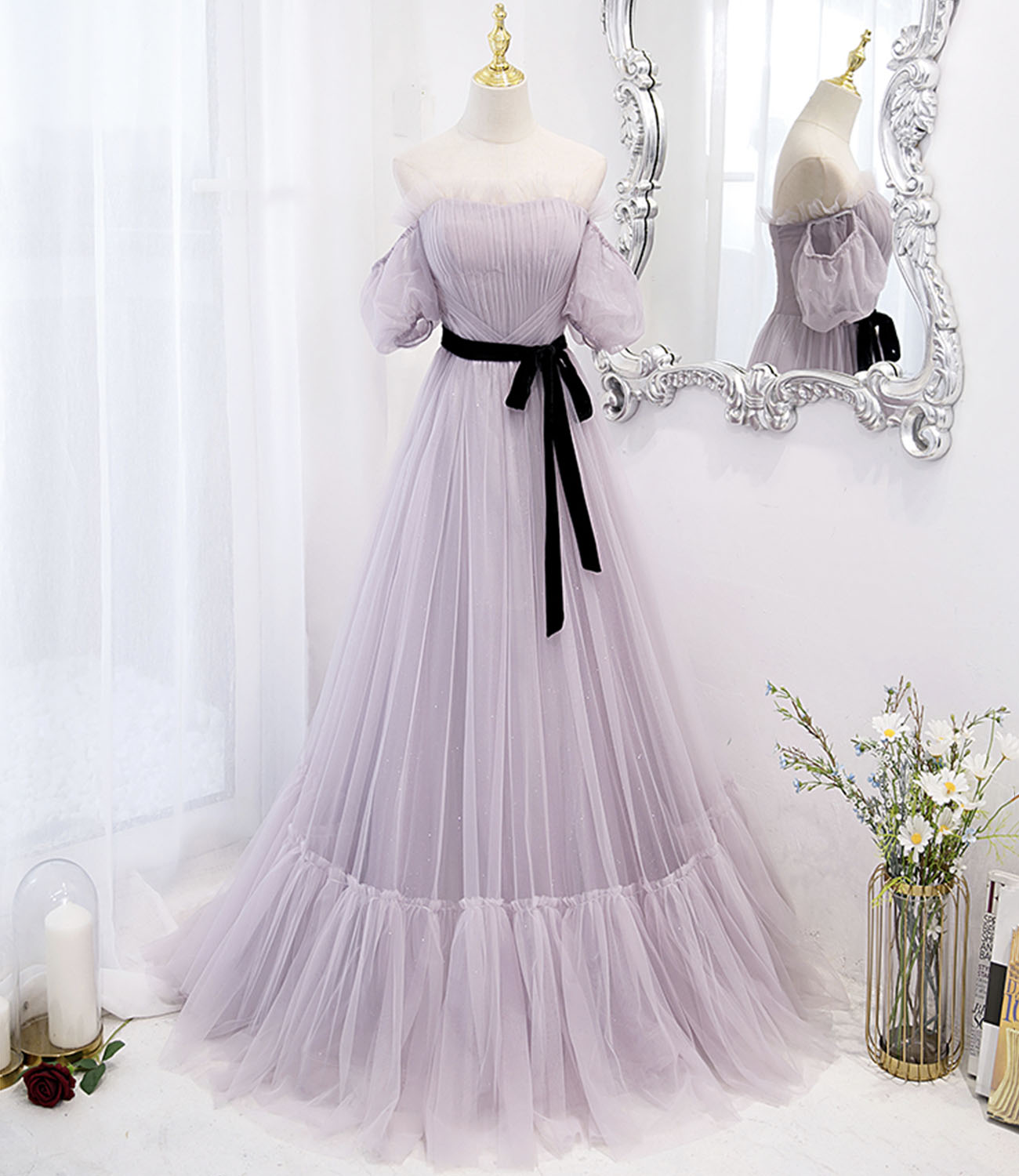 Purple tulle long prom dress A line evening dress 10446