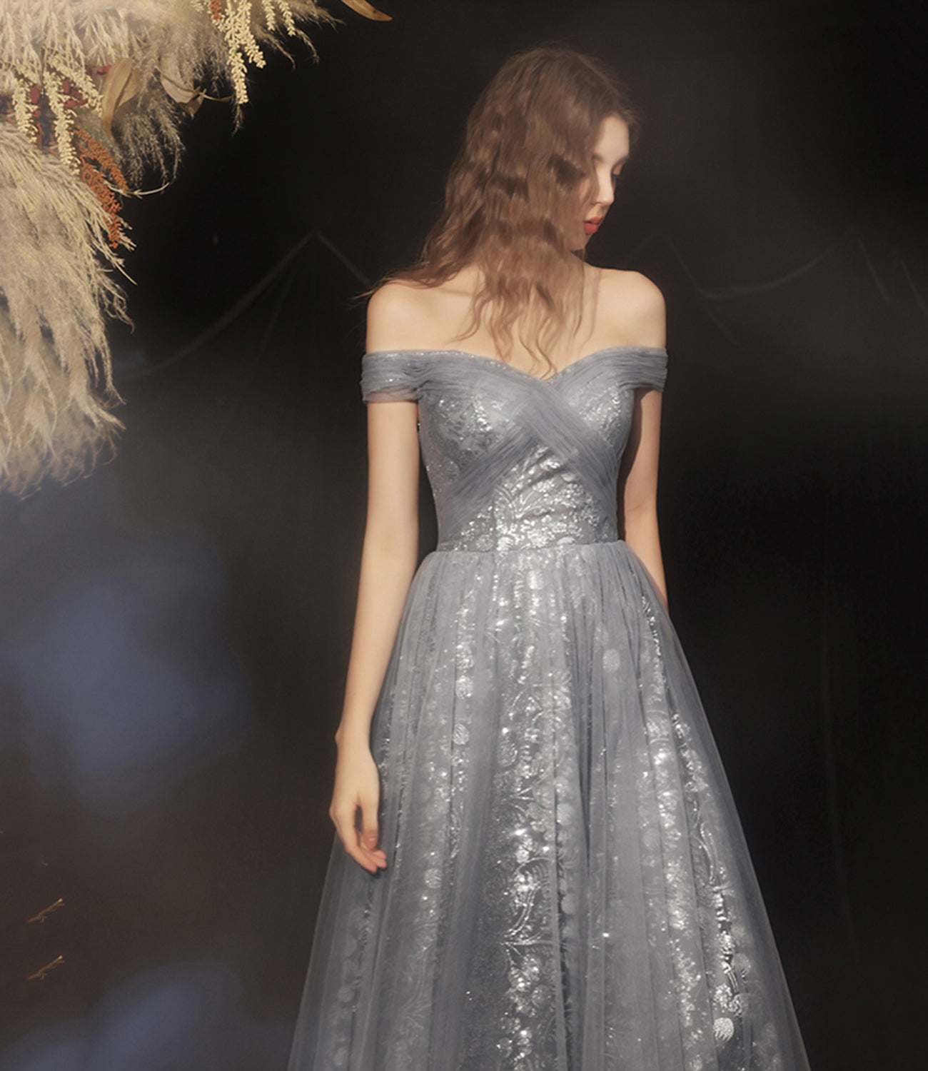Grey long A line prom dress off shoulder evening dress 8592