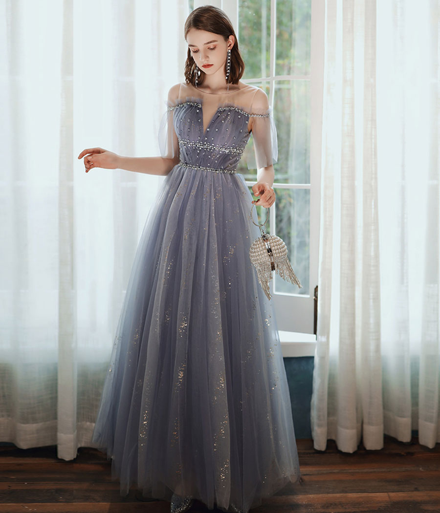 A line tulle sequins long prom dress 8341