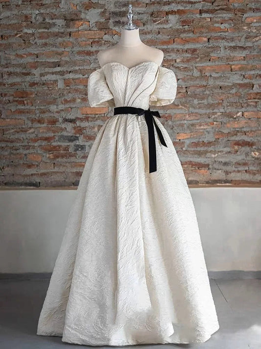 White Elegant Fashion Elegant Textured Long Satin short sleeves Floor-Length Prom Dress Evening Dress Princess Graduation Dress Adult Ceremony Dress gh3845