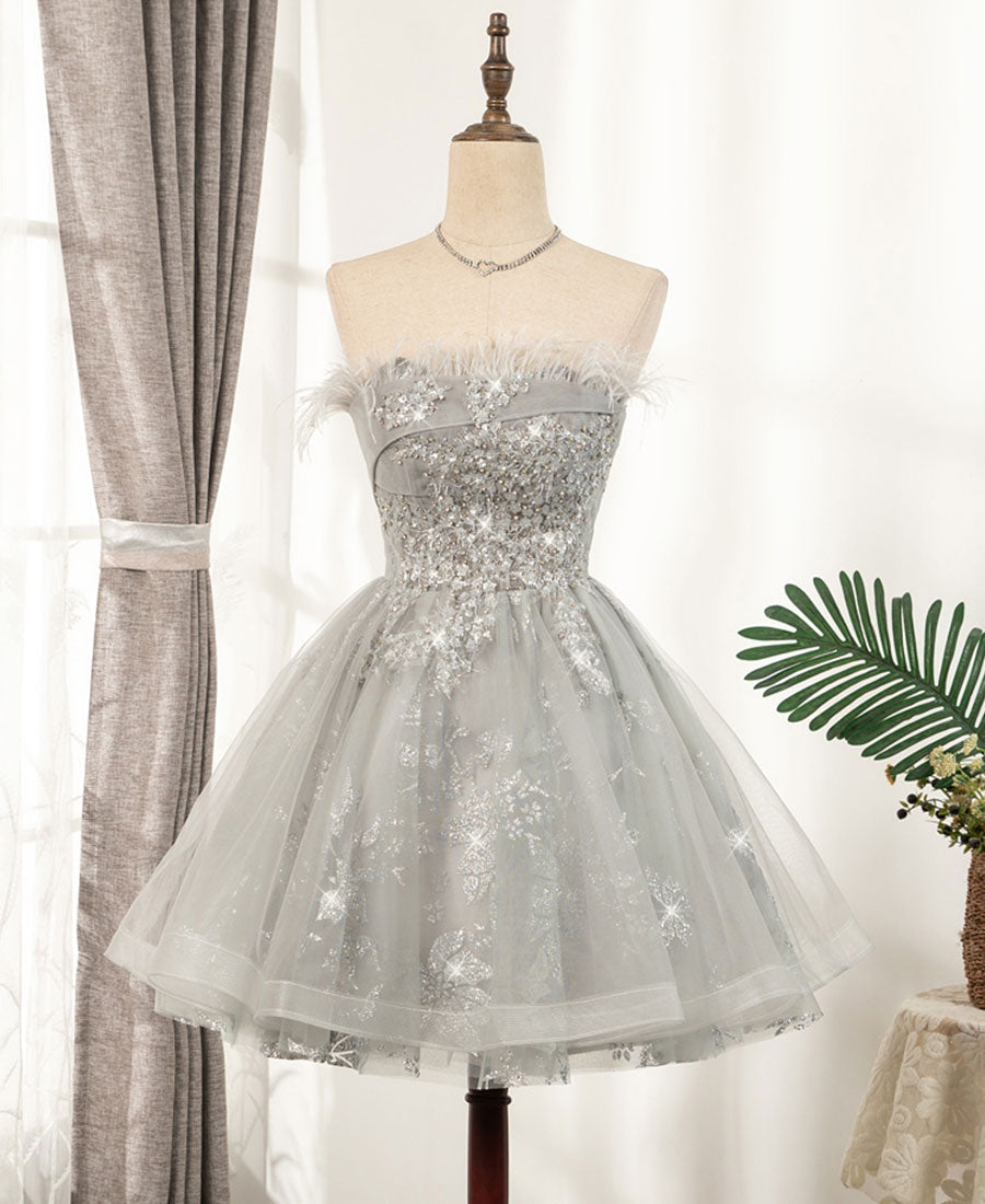 Gray tulle sequins short prom dress 8331