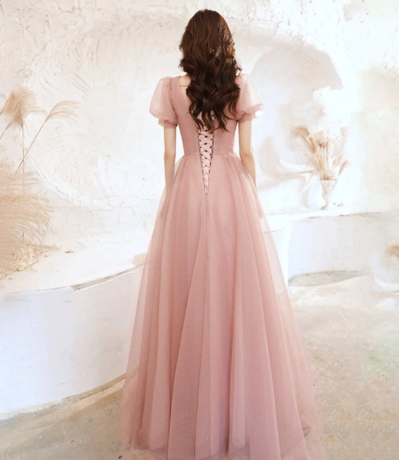 Cute tulle long prom dress pink A line evening dress 10524