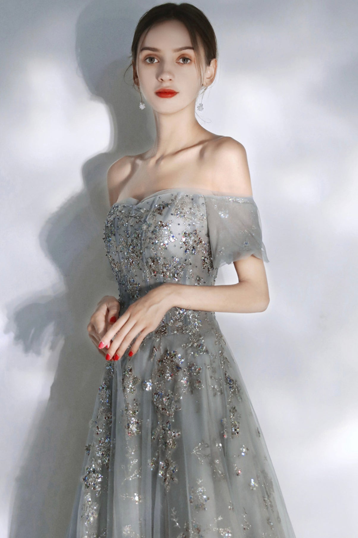 Grey sequins long A line prom dress evening dress  8575