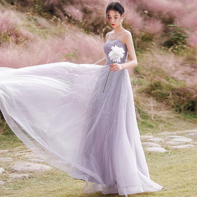 Purple tulle beads long prom dress A ine evening gown 10209