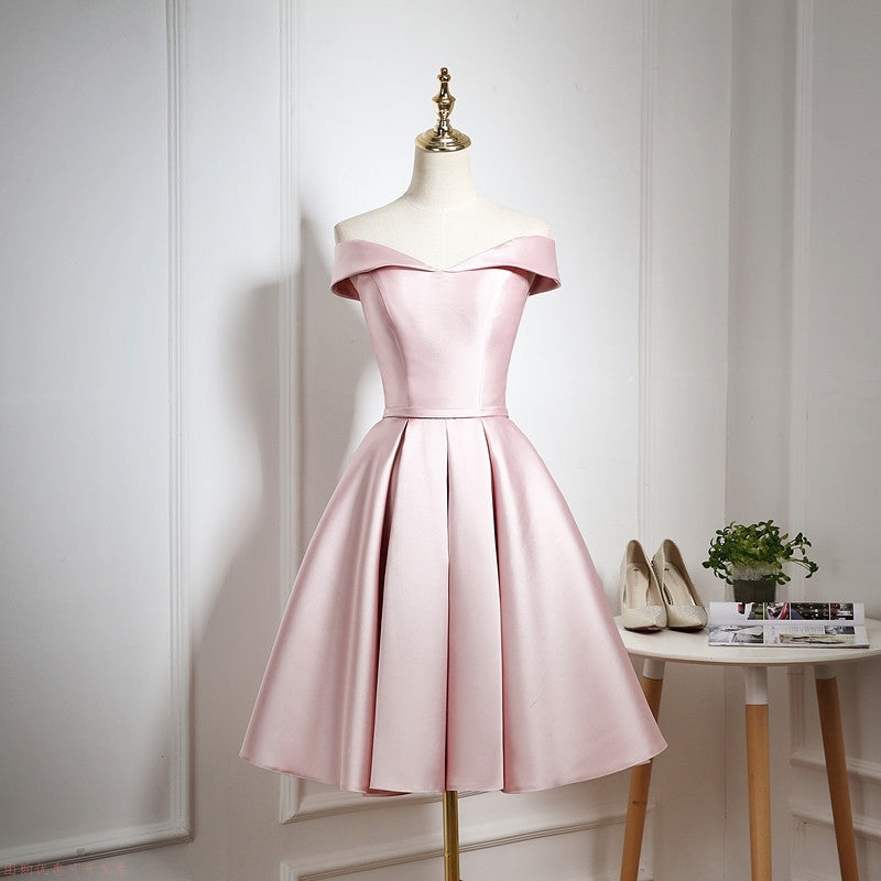 Simple satin short prom dress pink evening dress 8208