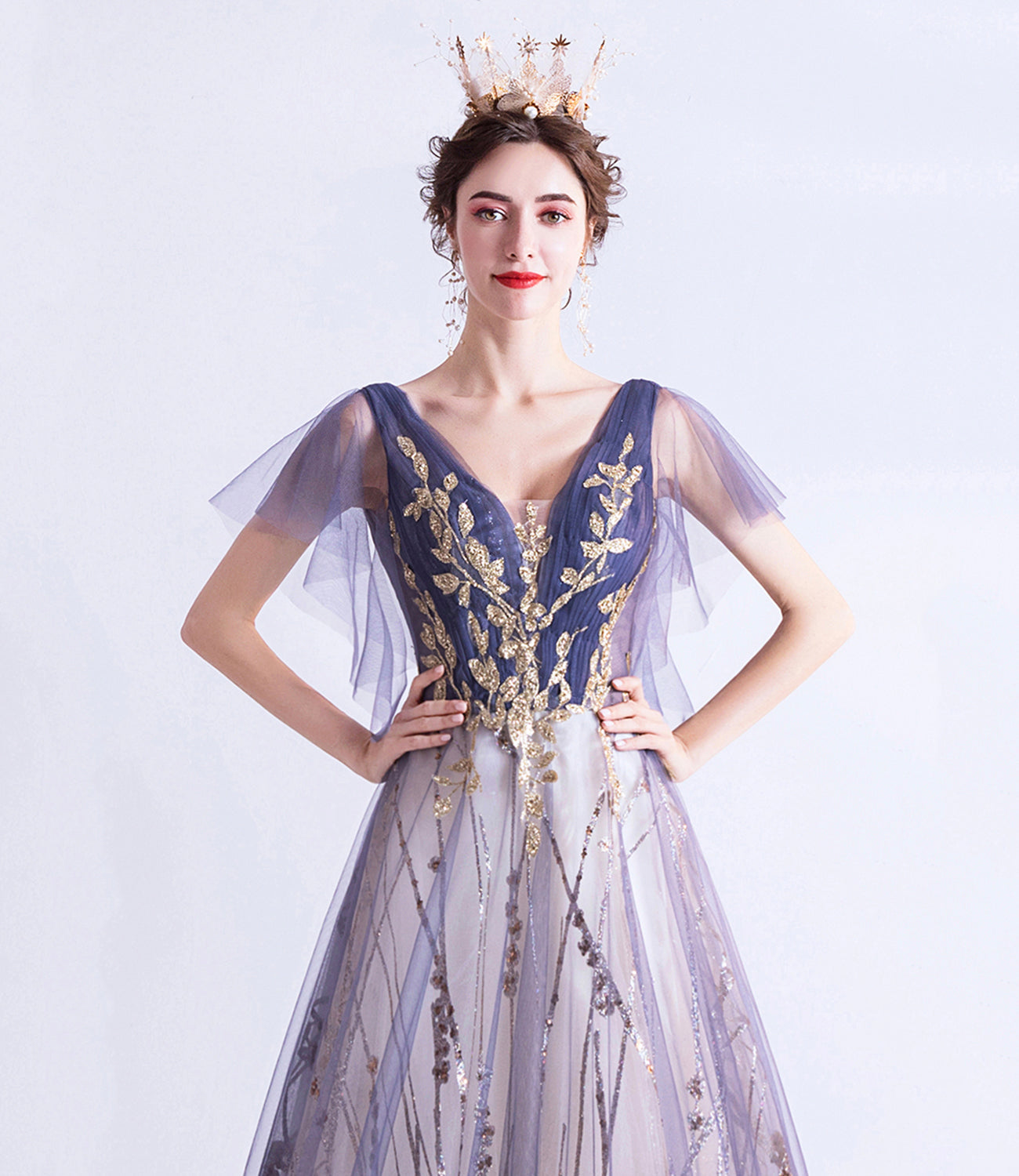 Purple tulle sequins long prom dress A line evening dress 10510