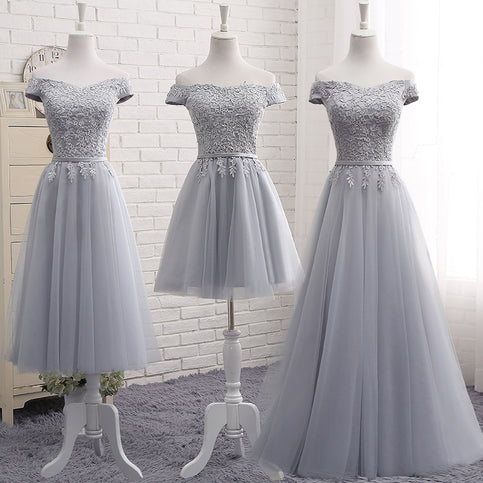 Cute A line gray lace off shoulder prom dress, cheap evening dresses 7792