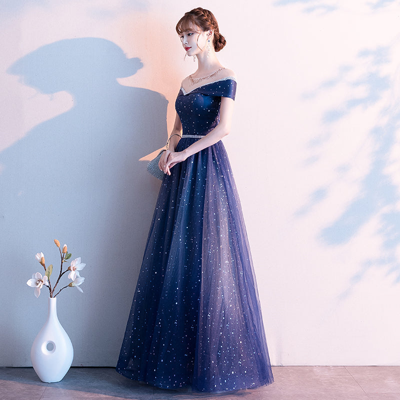 Blue tulle sequins prom dress formal dress 8337
