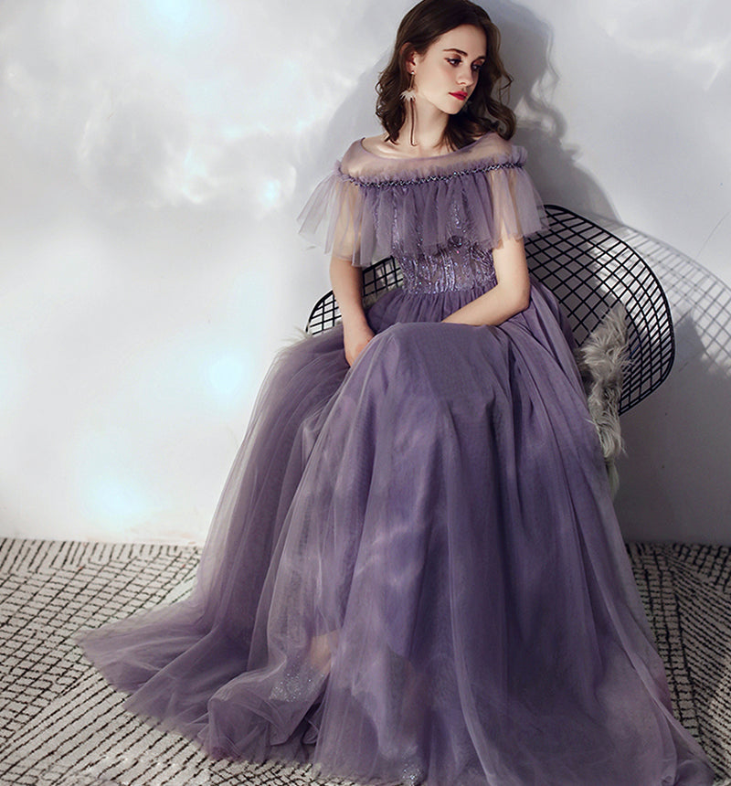 Purple tulle long a line prom dress 8166