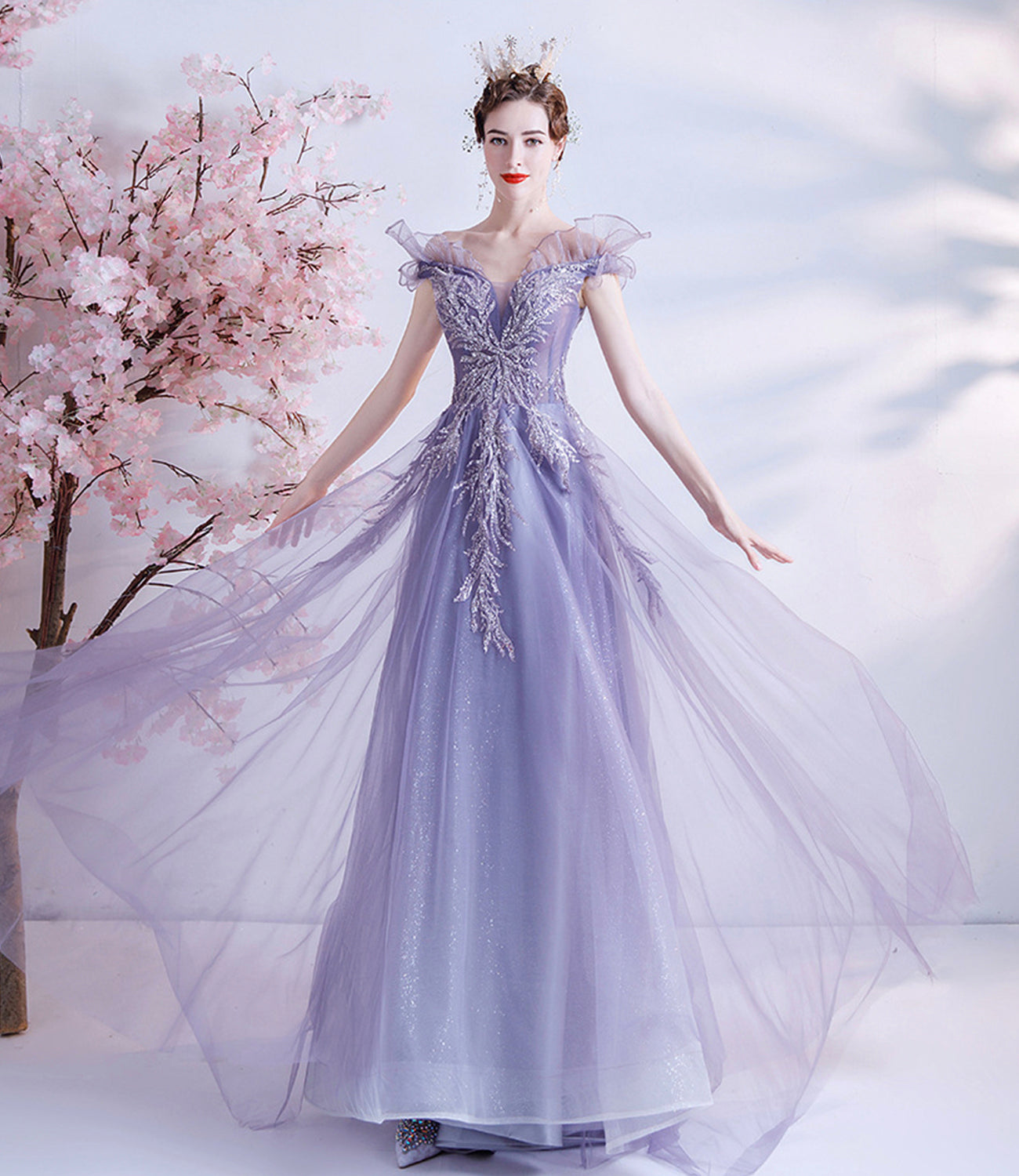 Purple tulle sequins long prom dress A line evening dress 10463