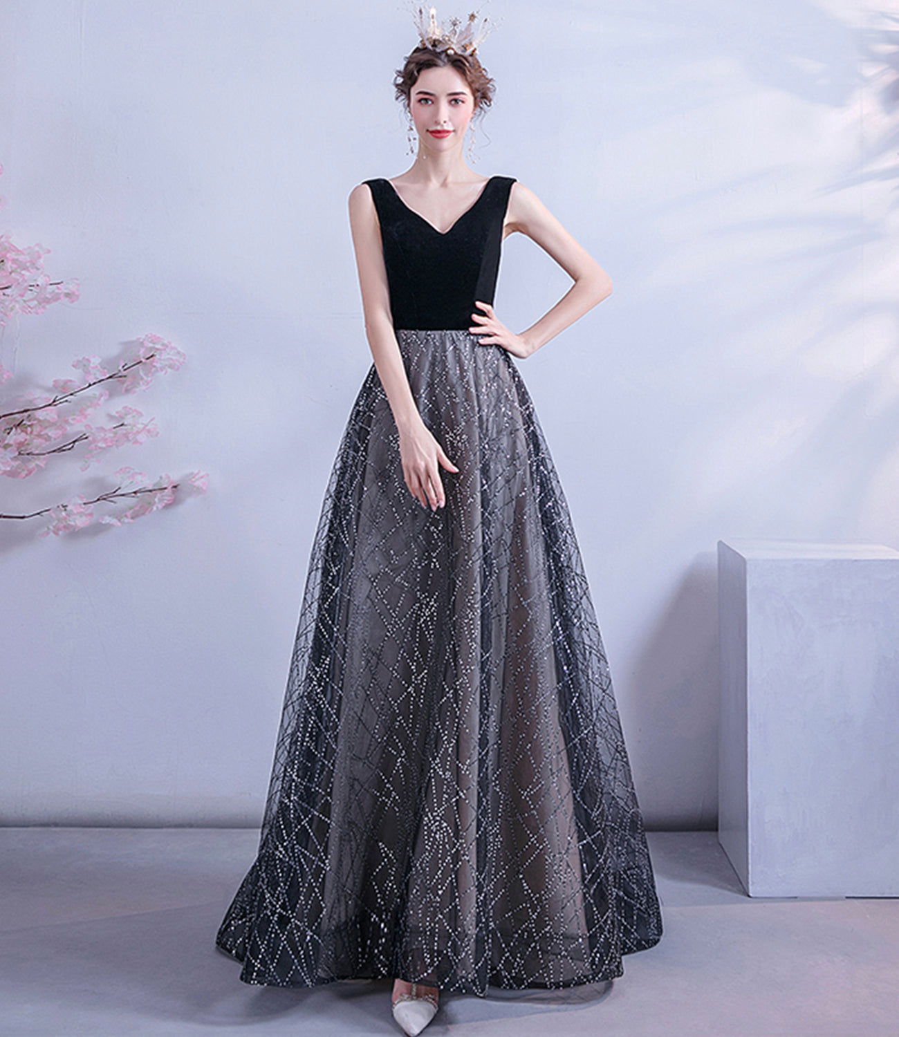 Black tulle sequins long A line prom dress evening dress 8731